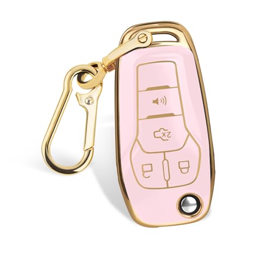 FT FUNTOR for Ford Key Fob Cover Compatible with Ford Bronco F-150 F-250 F-350 F-450 F-550 Raptor Fusion Ranger Ranger XLT Figo 4 Buttons TPU Key Fob Case with Golden Edge (A-Pink)