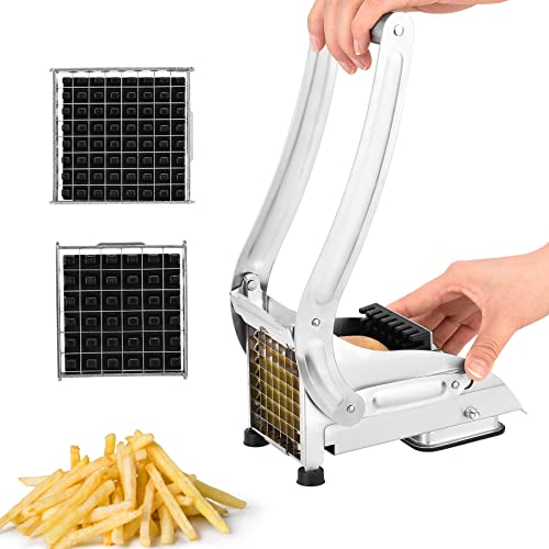 Cortador de patatas de acero inoxidable, cortador de patatas fritas manual con 2 cuchillas de repuesto (12 mm y 9 mm) con patas antideslizantes, cortador de patatas fritas para frutas y verduras