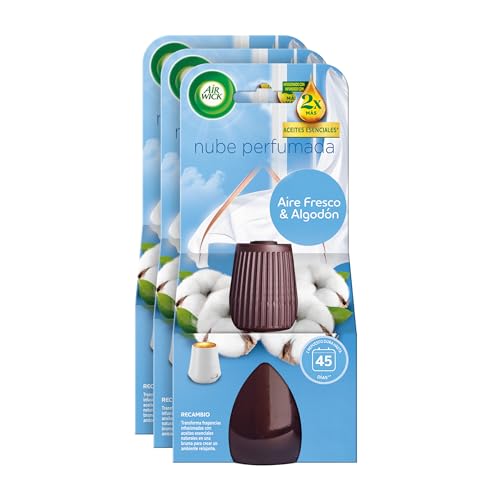 Air Wick Essential Mist, 3 recambios para difusor de aceites esenciales con aroma a Aire Fresco & Algodón infusionado con 2 veces más aceites esenciales