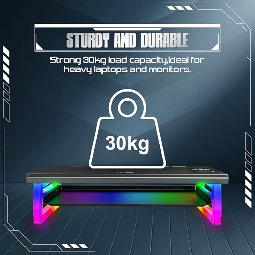 Image of CLAW Dock Pro T9 Monitor & Laptop Stand with 15W Wireless Charging, USB-C PD Input, Fast Charge USB-C & USB-A, Dual USB 3.0 Ports, Headphone /Mic Ports, 10 RGB Modes Metal Build, 30kg Load, Drawer for office, home and gaming use
