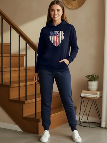 Image of LEOTUDE Women's Full Sleeve Hooded Neck Loopknit Printed Sweatshirt Hoodie for Women (Navy Blue)
