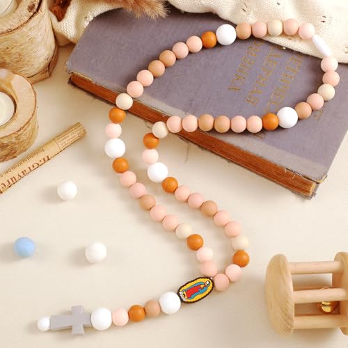 Kigeli Cross Baptism Silicone Rosary God Bless First Rosary Catholic Cross Necklace Baby Shower Baptism Party Supply for Baby Shower Christian Communion Gifts(Pink)