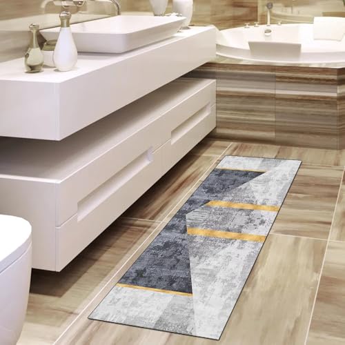 Alfombra larga para dormitorio de diseño abstracto gris lavable 4