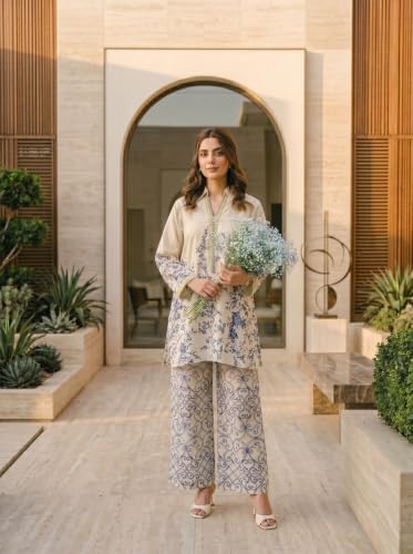 Image of Women's Poly Rayon Co-Ord Set Kurta with Full Sleeves Floral Printed Pattern V Neck Regular Fit and Waist Length | Co-ord Kurta Sets for Woman | Casual Women Kurta Stylish