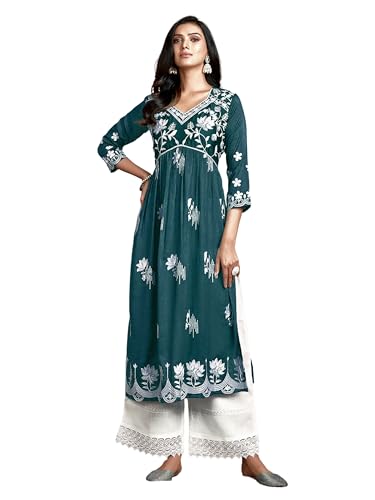 Image of EthnicJunction Women's Silk Blend Regular Fit Chikankari Embroidered Naira Cut Kurta