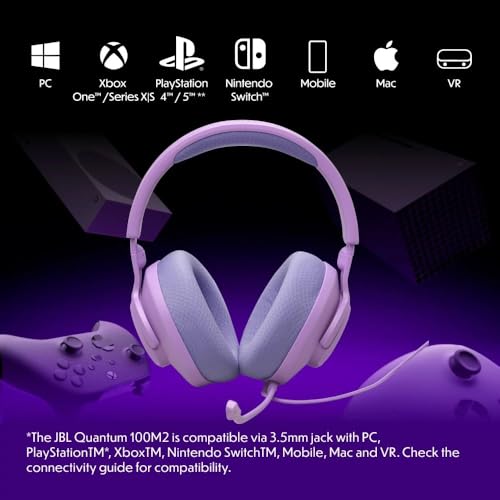 Quantum 100M2 Cuffie Gaming Over Ear con Filo, QuantumSOUND Signature e Jack per Cuffie da 3,5 mm, Compatibilità Multi-Platform, Microfono Rimovibile, Opzione Mute, Viola - Cuffia gaming - Immagine 2