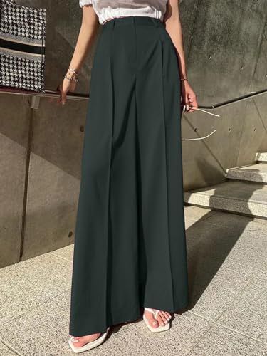 Image of Aahwan Solid Dark Green Loose Fit Wide Legs Korean Baggy High Rise Pants for Women's & Girls' with Pocket