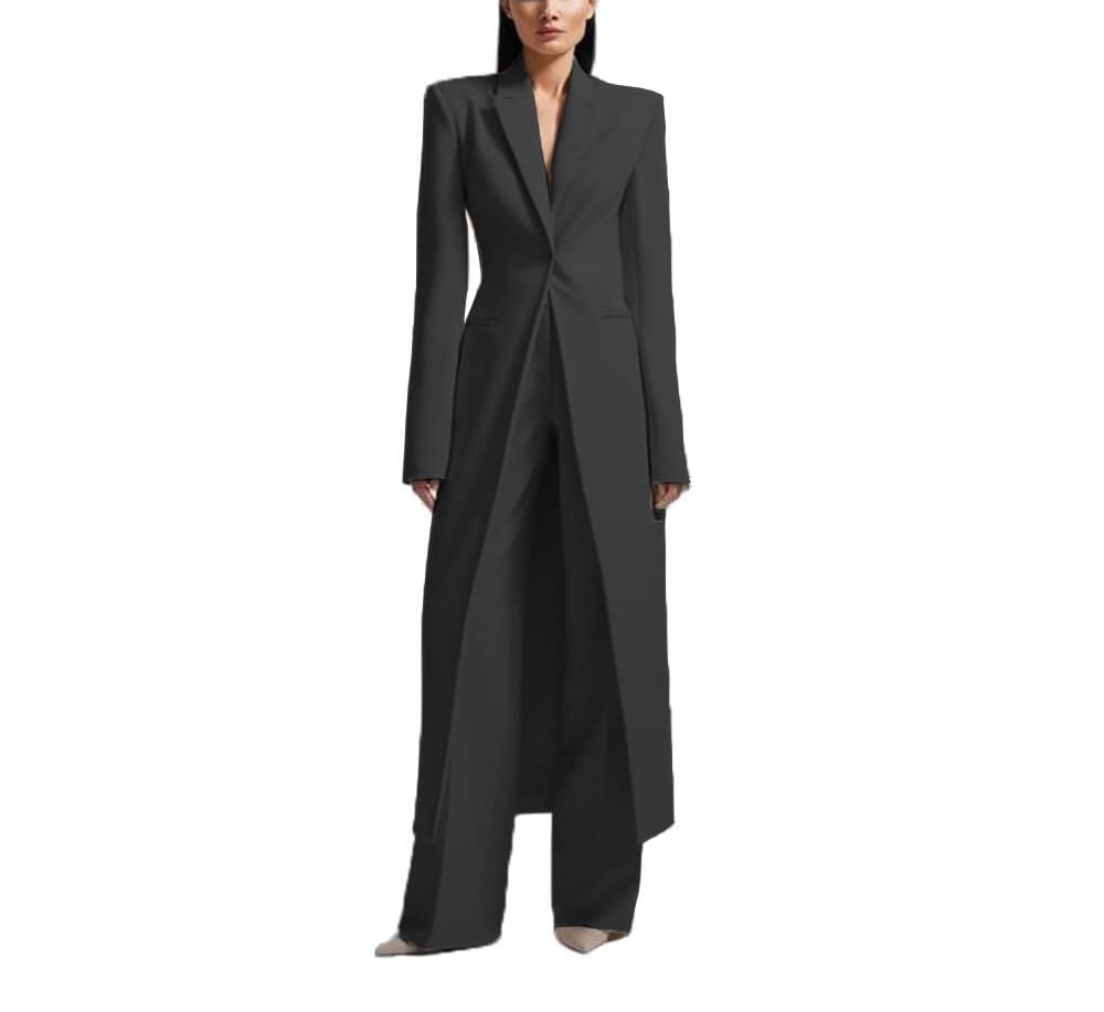 2 Piece Suit Set Fashion Womens One Button Long Suit Jacket Slim Fit Womens Pants Suits with Long