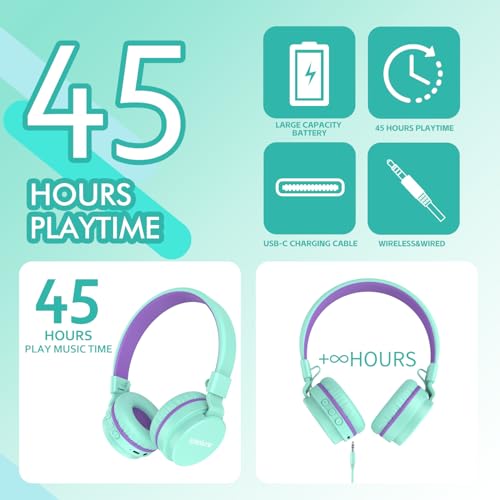 Image of Kids Bluetooth Headphones,Lightweight Kids Headphones Wireless,85 /94dB Safe Volume,40H Playtime,Fast Charging,Bluetooth 5.3,Over Ear,Toddler Headphone Built-in Mic for School /Tablet /Travel (Green)