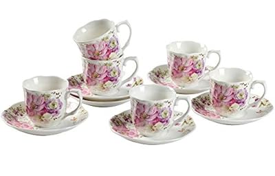 GY 12 PCS Tea Set - 7oz New Bone China tea Cups and Saucers with Pink Flower Pattern Porcelain Cups for Mocha Cappuccino Tea and coffee
