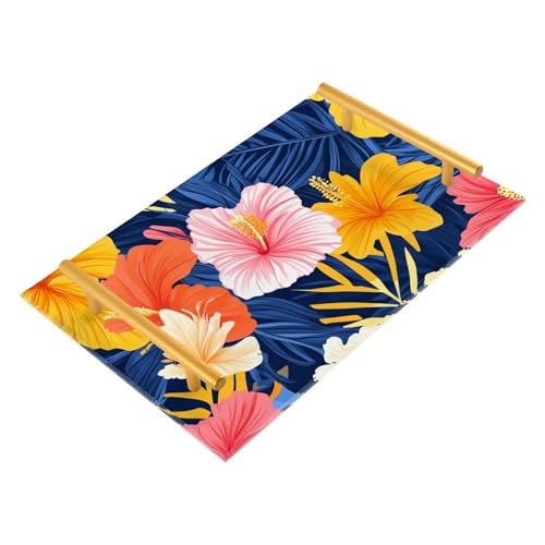 Bandejas rectangulares decorativas coloridas de flores tropicales con asas para servir joyas, perfumes para bebidas, servir charolas para servir comida