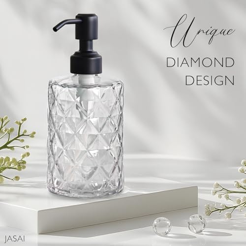 Image of JASAI Diamond Design 12 Oz Glass Soap Dispenser with Black Pump | Small Hand soap Dispenser with Rust Proof Pump, Bathroom Soap Dispenser for Hand Soap, Liquid Soap, Dish Soap.