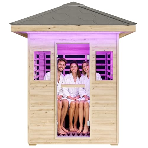 Albott Outdoor Sauna 3 Person, Infrared Saunas for Home, Low EMF 2645W/240V/15A Spruce Wood Dry Sauna with Tourmaline Stone Foot Warmer, 7-Color Light Therapy & 2 Bluetooth Speakers, 60.2"x43.3"x98.4"