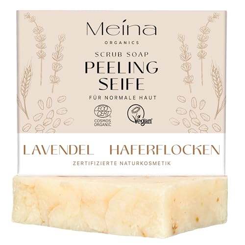 Meina Bio Peeling Seife mit Lavendel und Haferflocken, 100% Natürlich, Zertifizierte Naturkosmetik, Naturseife ohne Palmöl, Vegan, Handgemacht, Wie ein festes Duschgel, Oatmeal Scrub Soap, 100g