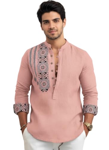 Image of Amazon Brand - INKAST Men's Cotton Blend Mandarin Collar Self One Design Full Sleeve Casual Short Kurta