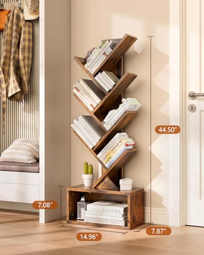 Image of Evermagin 6 Tier Tree Bookshelf with Lights, LED Book Tree Bookcase with Storage Organizer, Small Corner Bookshelf Floor Standing Book Shelf for Living Room, Bedroom & Home Office, Rustic Brown