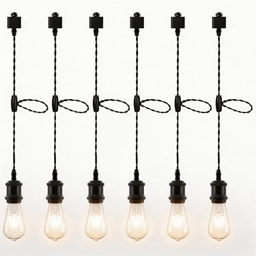 Fiabtool Universal H-Type Pendant Track Lights Kit with 6 Bulbs,6-Pack Black Track-Mounted Hanging Fixtures 4000K Natural Light Bulbs, E26 Socket for Kitchen Island and Dining Room