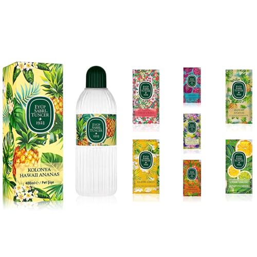 EYÜP SABRİ TUNCER Agua de colonia de piña hawaiana de 400 ml botella de PET + toallitas refrescantes – Paquete mixto de 100 unidades | Set de frescura e higiene