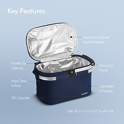 VonShef Cooler Bag Large 30L Navy Insulated Foldable, Collapsible Picnic Lunch Keep Cool Outdoor Travel Cooler