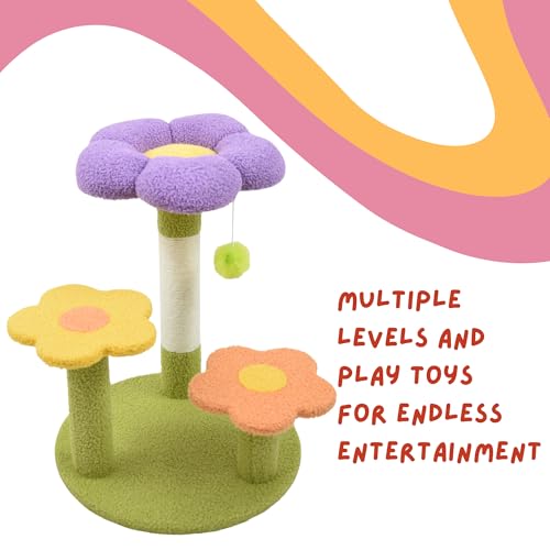 Image of Petunia Multi-Level Cat Tree for Indoor Cats & Kittens | Flower-Themed Cat Scratching Post Tower with Sisal Rope, Pom-Pom Toy & Climbing Platforms | Aesthetic Cat Furniture (Multicolor)