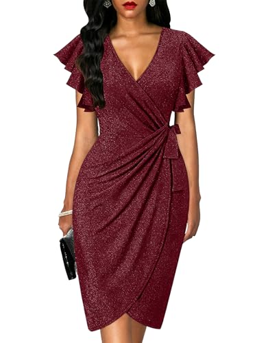 Image of oten Womens Deep V Neck Ruffle Sleeve Sheath Casual Cocktail Party Work Faux Wrap Dress