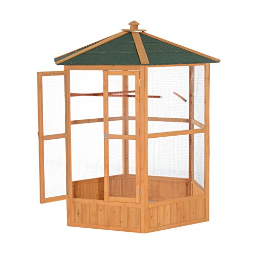 PawHut 69" Large Wooden Hexagonal Outdoor Aviary Flight Bird Cage with Covered Roof, Brown