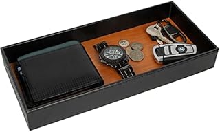 JackCubeDesign Leather Bamboo Valet Tray Storage Tray Cosmetic Stationery Organiser Catch-All for Keys, Phone, Wallet, Coin, Jewellery and More(Black, 30.5 x 13.7 x 4.1 cm) - :MK205A
