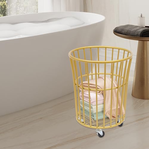 Image of Wire Metal Rolling Laundry Basket on Wheels | Mesh Wire Laundry Basket Storage Cart for Bathroom Bedroom Dirty Clothes Storage,11.8in Base Diameter, 14.2(D)x15.7in(H)