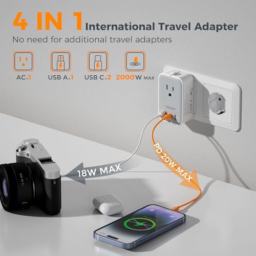 Image of TESSAN Universal Travel Adapter PD 20W, Ultra Thin International Power Adapter 2 USB C 1 USB A, Worldwide Power Plug Adaptor for USA to European UK Italy Ireland New Zealand (Type C /G /A /I), Grey