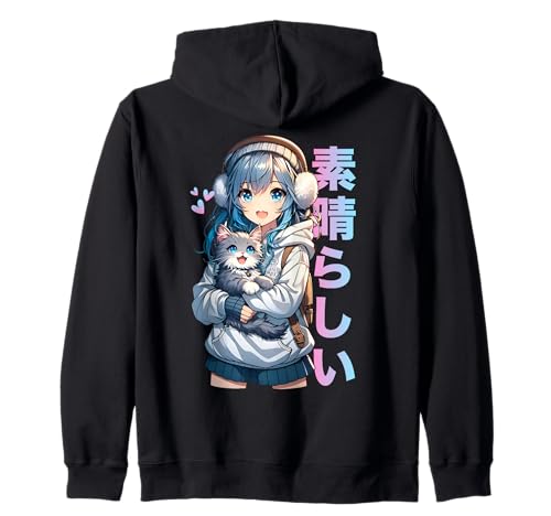 Mignon Anime Fille avec Un Chat pour Amoureux des Chats Kawaii Otaku Manga Sweat à Capuche