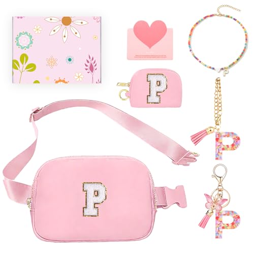 Teen Girl Gifts Trendy Stuff, Monogrammed Fanny Pack for Girl with keychain, necklace, cup charms, greeting card and gift box, Birthday Gifts for 4 5 6 7 8 9 10 11 12 13 Year Old Girls (P, Pink)