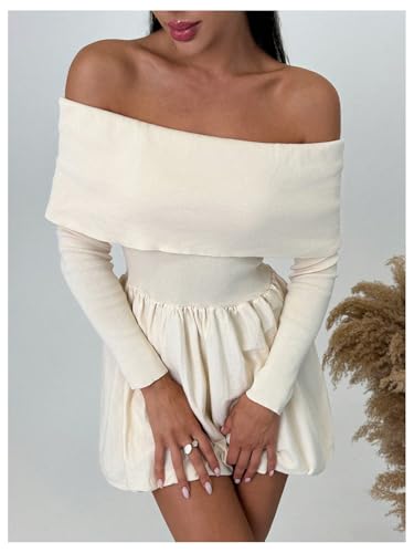 SOLY HUX Women's Off The Shoulder Sweater Dress Long Sleeve A Line Ruffle Hem Knit Mini Dresses3