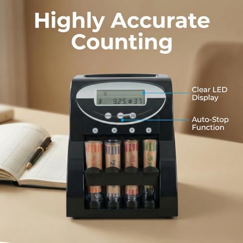 Nmgorkq Coin Counter Sorter Wrapper Machine: Patented Anti-Jam Technology Large 400-Coin Hopper High Speed 312 Coins/M Digital Display - 40 Coin Wrappers for Home Office Bank Retail Business Use
