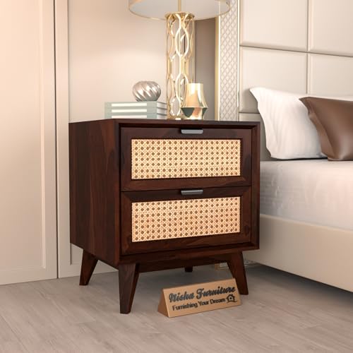 Image of Sheesham Wooden Bedside Table for Bedroom | Wooden Bed Side Nightstand Lamp Table with Drawer Storage for Home & Hotels | Solid Wood Bedside End Table in Rattan- Walnut Finish