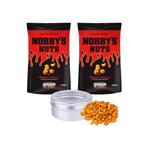 Nobbys Sweet Chilli Sharing Nuts x 2 Bags x 140g Bundle with TinTastic Refillable On-the-Go Window Lid Tin