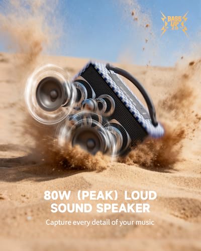 Image of DINDIN Portable Bluetooth Speaker: 80W (Peak), 20H Playtime, Loud Wireless Wood Speakers with Bass, AUX and USB Input, Subwoofer, TWS Pairing, Vintage Speaker for Outdoor, Home, Office (Blue+White)