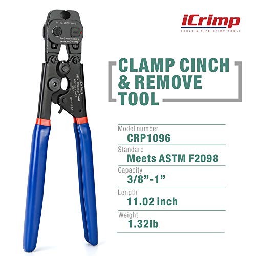 iCrimp Ratchet PEX Cinch Tool with Removing function for 3/8 to 1-inch Stainless Steel Clamps with 20PCS 1/2-inch and 10PCS 3/4-inch PEX Clamps and Pex Pipe Cutter- All in One