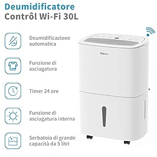 Shinco WIFI Deumidificatore Portatile 30L/Giorno, Purificatore d'aria, Filtro a Carbone Attivo, Timer 24 Ore, Scarico Continuo, Funzione Asciugatrice, Bianco