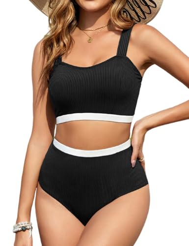 Tuopuda Conjuntos de Bikinis para Mujer Conjunto Traje de Baño Push Up Bikini Cintura Alta Bañadores Dos Piezas Traje de Baño de Playa(Negro-2,L)