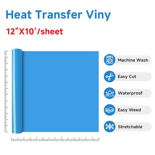 Image of RENLITONG Lake Blue HTV Iron on Vinyl 12Inch by 10ft Roll Heat Transfer Vinyl for T-Shirt HTV Rolls for All Cutter Machine - Easy to Cut & Weed for Heat Transfer Design