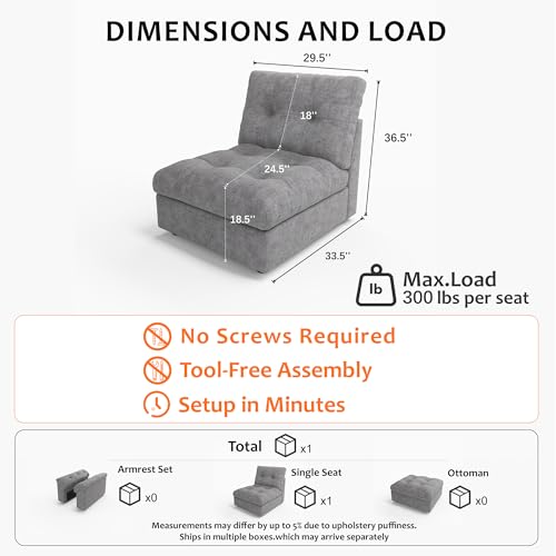 Image of Oversized Modular Sectional Sofa with Storage, Modern Deep Seat Cloud Couch for Living Room, L-Shaped Large Sectional Couch, Only Single Seat, Gray