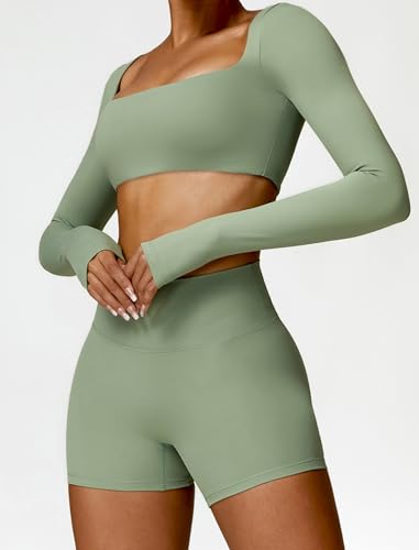 Image of ABOCIW Women Square Neck Long Sleeve Workout Crop Top Low Medium Impact Athletic Yoga Gym Shirts with Built in Bra(ONLY TOP)