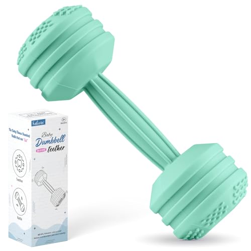 Image of Baby Dumbbell Toy - Silicone Dumbbell Teether Toys Weight Rattle Sensory Toy for Babies - Great Gift for Baby and Toddler Girls or Boys (Mint)