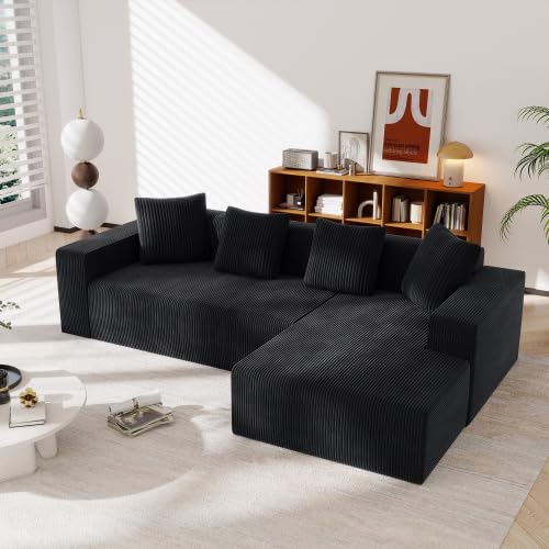 vutizal Cloud Couch - Sofá esquinero en forma de L modular con función de sueño, funda de pana para asiento bajo con chaise longue sin montaje, espuma viscoelástica para salón, 261 cm