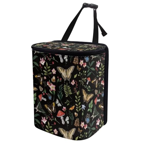 Image of Talayituse Mushroom Butterfly Flower Print Car Trash Bin, Large Size Auto Trash Can Adjustable Portable Garbage Can with Lid, Vehicle Hanging Bag for Headrest Front Back Seat