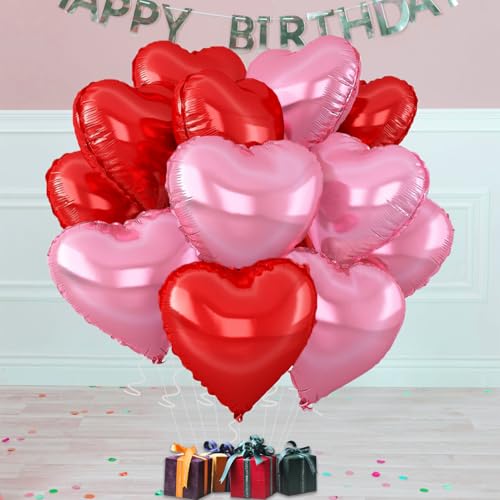 Image of 18inch Pink Heart Balloons,6Pcs Bright Pink Heart Shaped Foil Balloons & 6Pcs Red Helium Mylar Balloon for Anniversary Wedding Engagement Birthday Party Baby Shower Decorations(12Pcs)