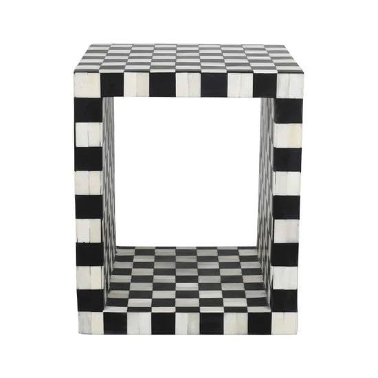 furniture bone inlay side table | black & white checkered cube stool | handmade wooden end table for living room, bedroom & home decor