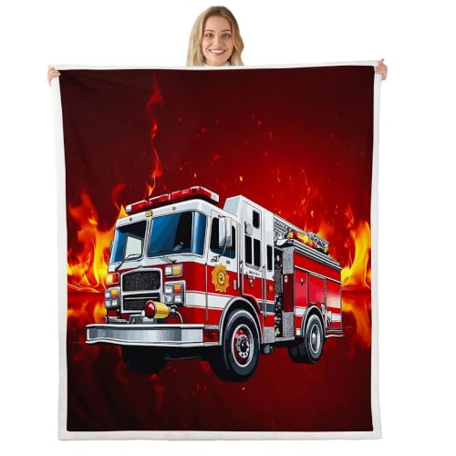 Image of Firefighter Truck Sherpa Blanket - Firemen Car Vehicle Fleece Throw for Bed, Couch, Sofa - Children Bedroom Decor Fire Engine Pattern Plush Red Fuzzy Twin 60 inchx80 inch