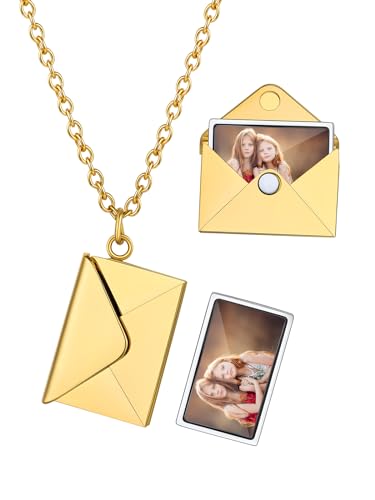Custom4U Personalized Envelope Necklace with Picture Message Custom Love Letter Locket Necklace for Women Silver/Gold/Rose Gold/Black Birthday Mothers Day Photo Jewelry Gifts for Mom Wife (Gift Box)