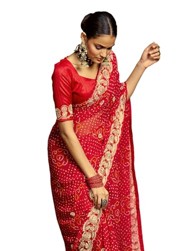 Image of Satrani Women'S Georgette Embroidery Bandhani Printed Saree With Unstitched Blouse Piece